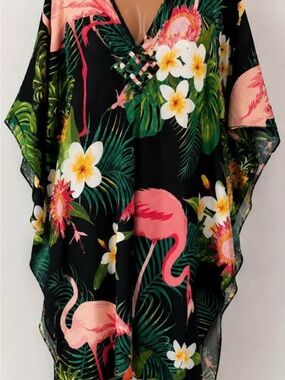 Source Unknown Black Tropical Flamingo V-Neck Tunic Cover-Up